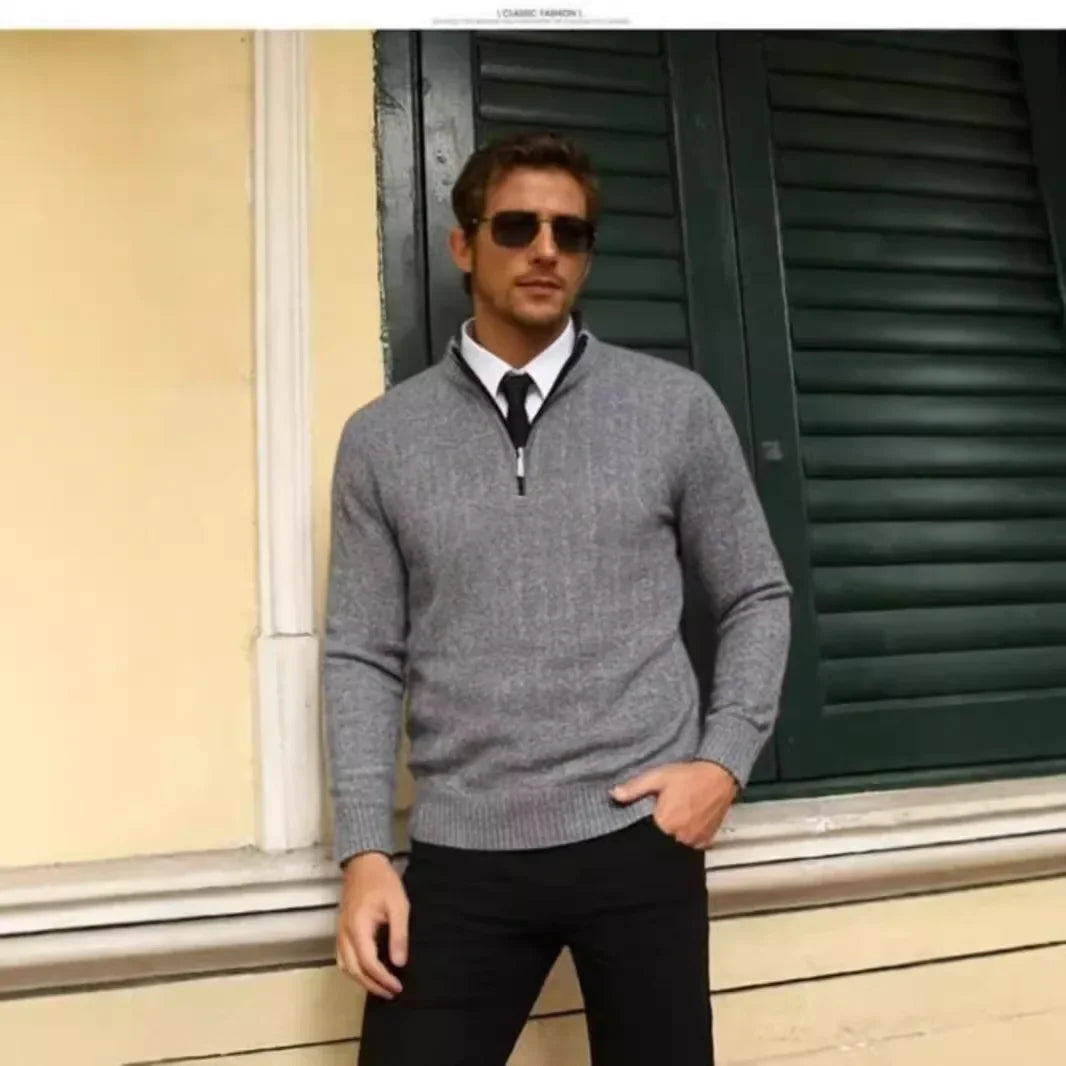 Suéter Masculino Casual de Tricô com Meio Zíper e Gola, Pulôver de Inverno com Listras Verticais, Camisa Base Confortável de Tecido Macio