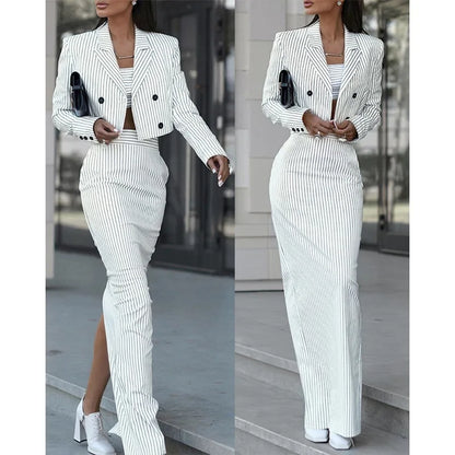 Primavera verão 2024 novo listrado fino ajuste terno moda feminina duplo breasted turn-down colarinho blazer cintura alta fenda saia terno