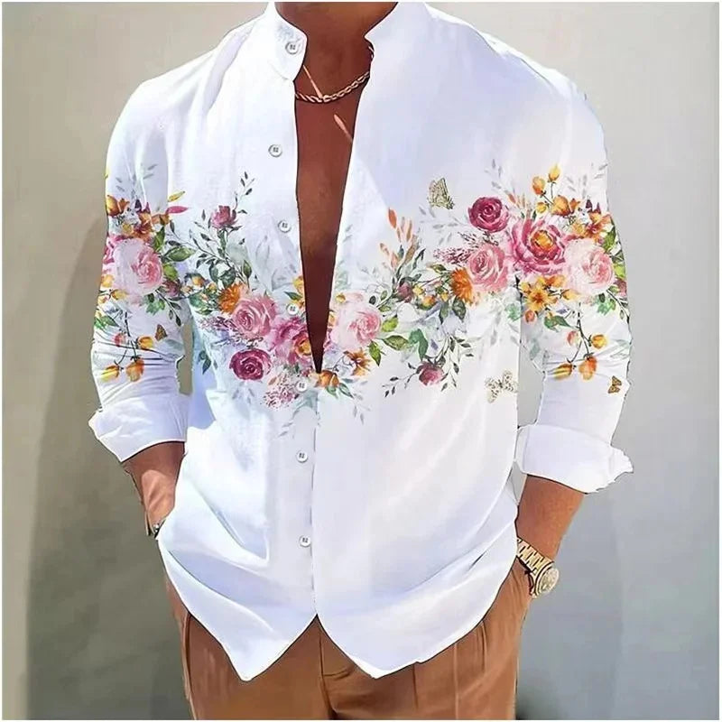 Camisa masculina de manga comprida Camisa impressa em 3D de alta qualidade, padrão floral, primavera e outono, tecido casual e elegante e confortável