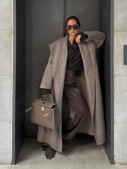 Casaco de Lã Elegante com Gola Marinho e Amarração, Decote em V, Manga Longa, Bolso, Sobretudo Feminino para Primavera 2026