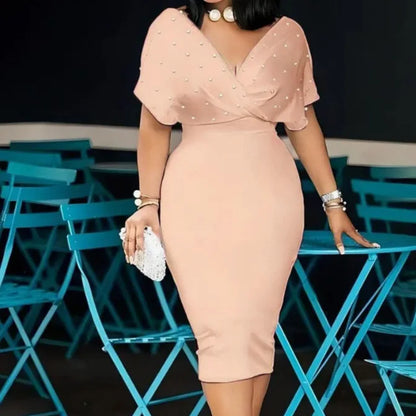 Vestido Elegante de Primavera e Outono com Estilo Hot Diamond, Sem Alças, Decote em V e Manga Curta para Mulheres, Vestidos de Mulheres, Robes Longues