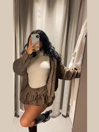 Conjuntos femininos de rua espinha de peixe sarja jaqueta feminina bainha elástica arco sólido empilhado onda h em vestido feminino casual chique terno senhoras