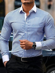 Camisa masculina de manga comprida listrada casual de negócios, design elegante com lapela e emenda de cores contrastantes, top casual masculino.