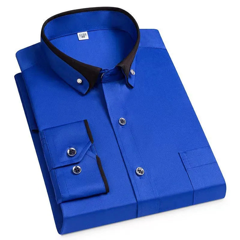 Camisa de negócios masculina manga longa botão para baixo camisa social anti-rugas escritório camisa masculina manga longa cor preta casual