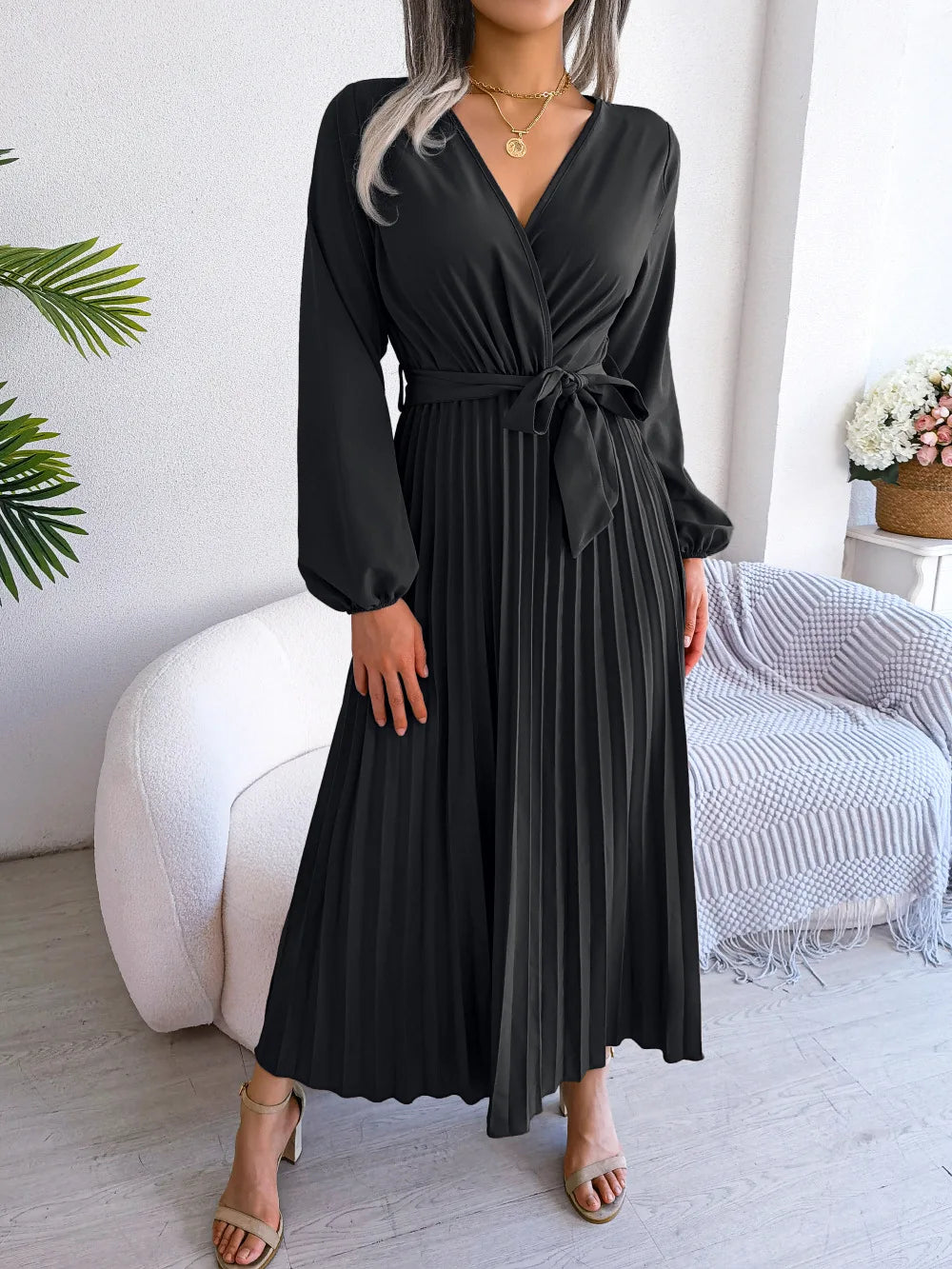 Elegante V Neck manga comprida das mulheres plissado vestido Maxi