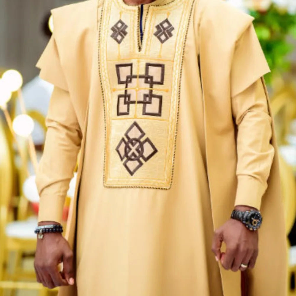 Conjunto H&D Africano de 3 Peças (Top e Calça) para Homens, Bordado Amarelo, Roupa Tradicional Africana para Uso Diário, Casamento, Festa, Tamanhos Grandes, 2026