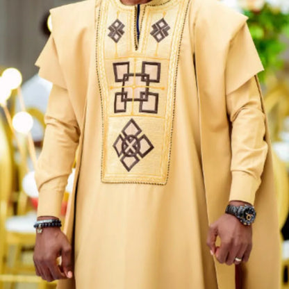 Conjunto H&D Africano de 3 Peças (Top e Calça) para Homens, Bordado Amarelo, Roupa Tradicional Africana para Uso Diário, Casamento, Festa, Tamanhos Grandes, 2026