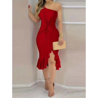 Vestido Midi Assimétrico com Ombro Descoberto, Moda Feminina, Coleção de Primavera, Estilo Elegante e Neutro para Passeio na Cidade