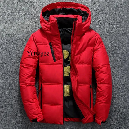 Casaco Casual com Capuz para Exterior, Jaqueta de Plumas Brancas para Homens, Casaco de Inverno Masculino, Impermeável, Capuz Removível, Parkas em Cores Sólidas