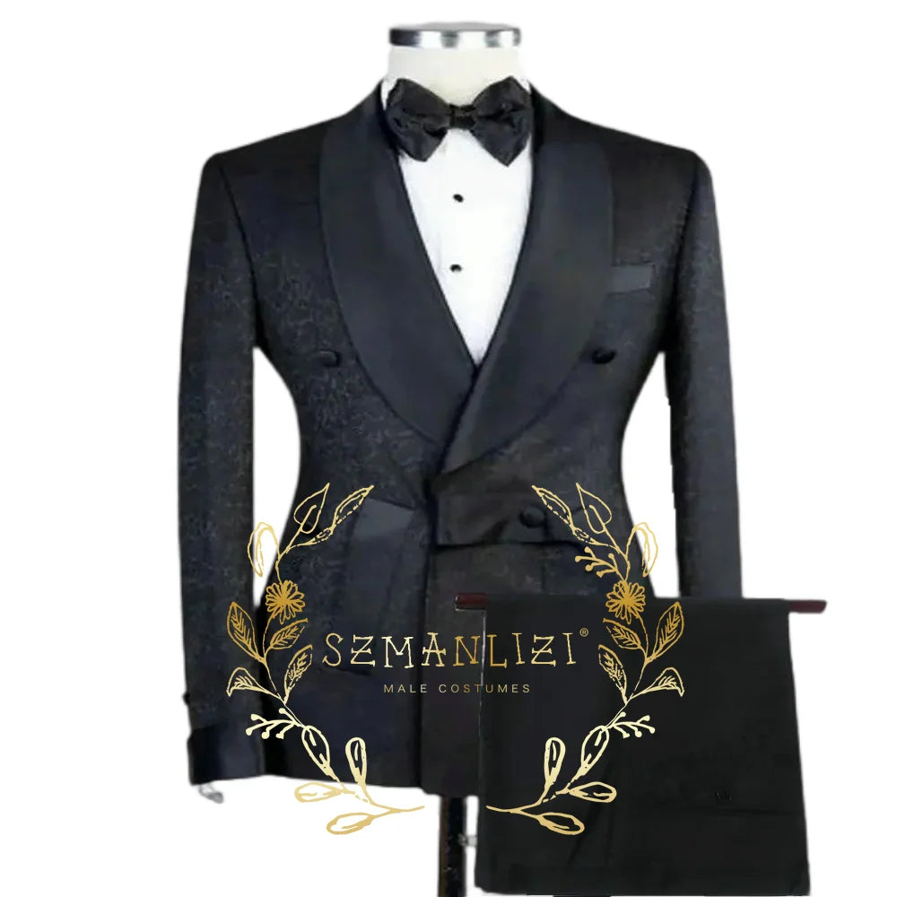 Novo elegante preto jacquard padrinhos festa de formatura duplo breasted casamento smoking fino ajuste xale lapela noivo melhor homem