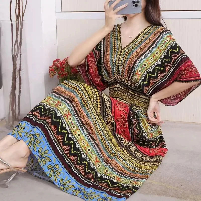 Flor colorida com decote em v elástico jovem boêmio doce midi vestido mulher roupas chique moda vestidos de verão 2025 grande balanço esqui