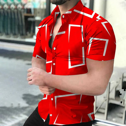 Camisas de praia com estampa geométrica 3D, camisas havaianas de manga curta, blusas masculinas, camisa gráfica, camisa Cuba, roupas masculinas