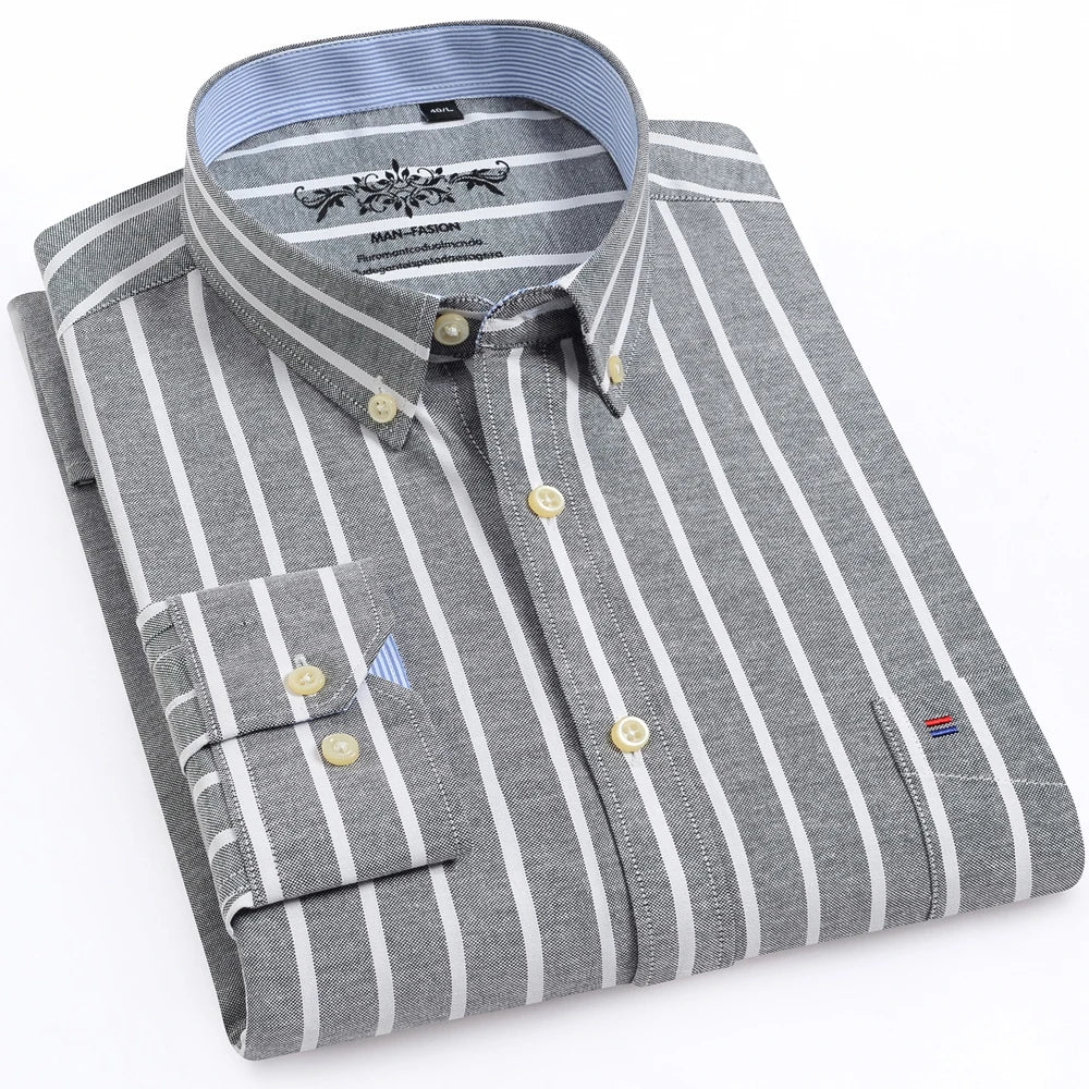 Camisa masculina de manga comprida oxford com botão no peito esquerdo confortável outono inverno ajuste regular casual versátil moda