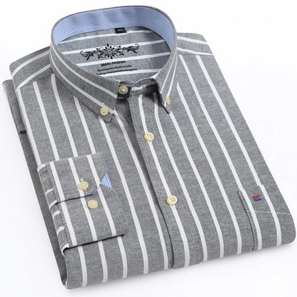 Camisa masculina de manga comprida oxford com botão no peito esquerdo confortável outono inverno ajuste regular casual versátil moda