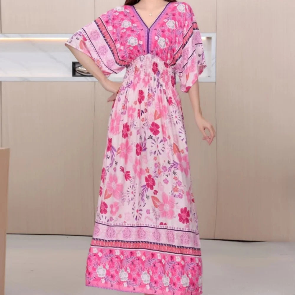 Flor colorida com decote em v elástico jovem boêmio doce midi vestido mulher roupas chique moda vestidos de verão 2025 grande balanço esqui