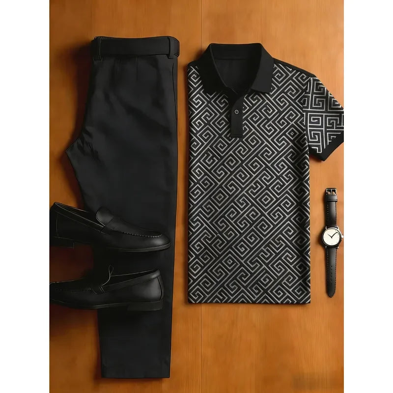 Camisa polo masculina casual de manga curta com botões e estampa 3D, confortável.