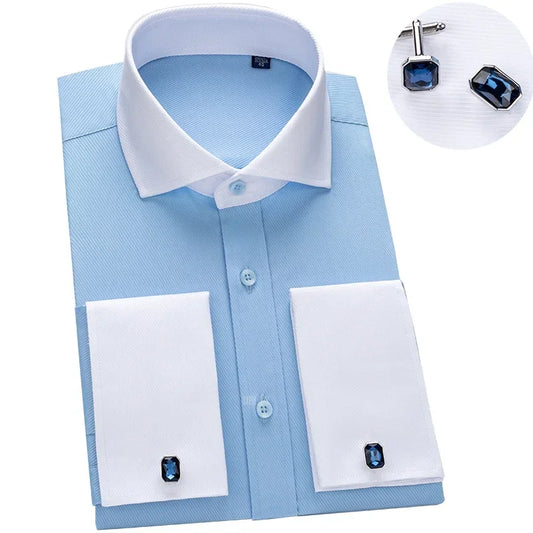 2024 nicho chique manga dupla dobrada gola windsor negócios camisa de manga comprida vestido masculino de alta qualidade aleatório abotoaduras francesas