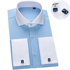 2024 nicho chique manga dupla dobrada gola windsor negócios camisa de manga comprida vestido masculino de alta qualidade aleatório abotoaduras francesas