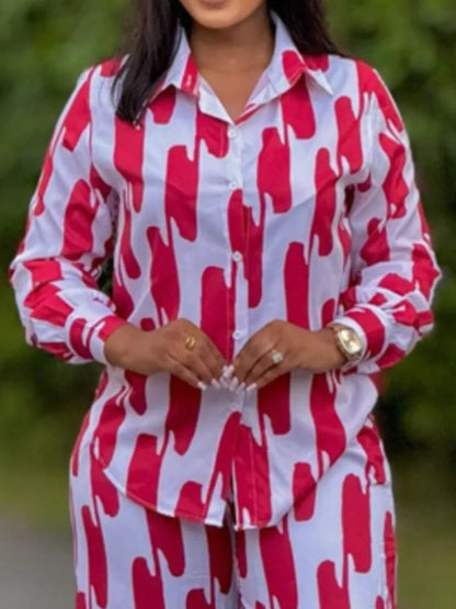 Conjunto de calças impressas feminino primavera outono casual botão camisas de manga comprida e calças retas de cintura alta 2 peça conjunto roupas casuais