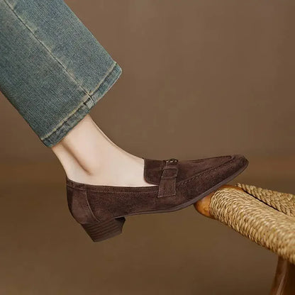 Sapatos Femininos Elegantes de Camurça de Carneiro para Primavera, com Salto Grosso, Estilo Oxford, Slip-On, Casual de Negócios, com Flores Metálicas, Loafers e Scarpins