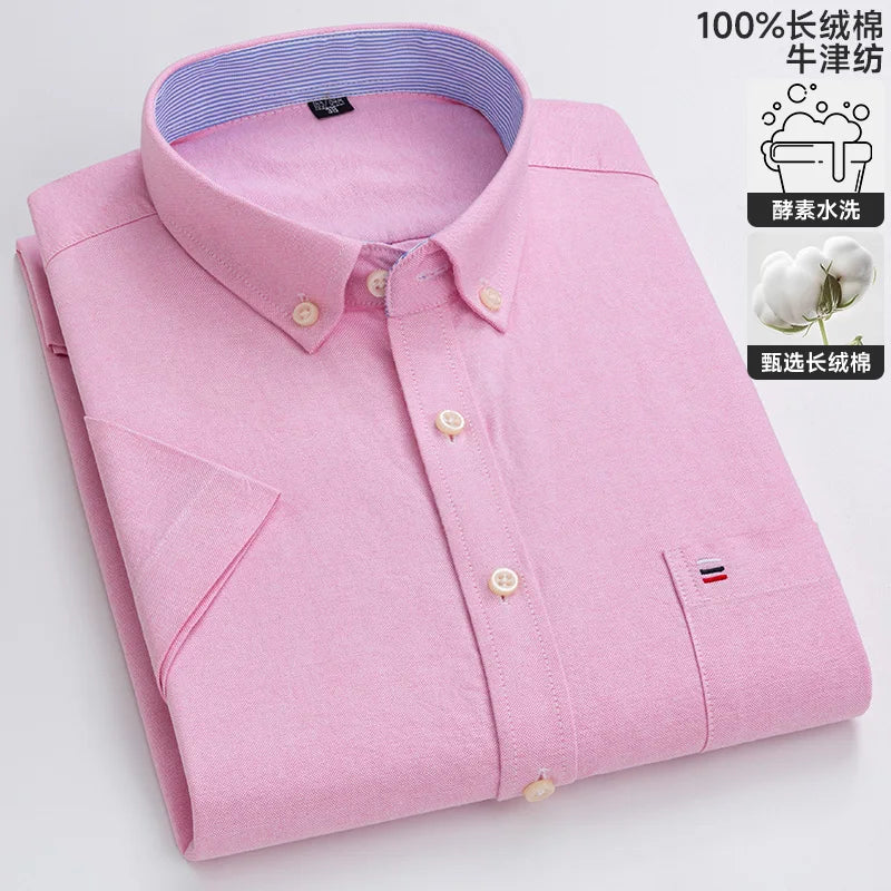 100% algodão puro oxford camisas masculinas manga curta xadrez macio regular ajuste formal vestido camisa blusa social roupas masculinas 6xl 7xl