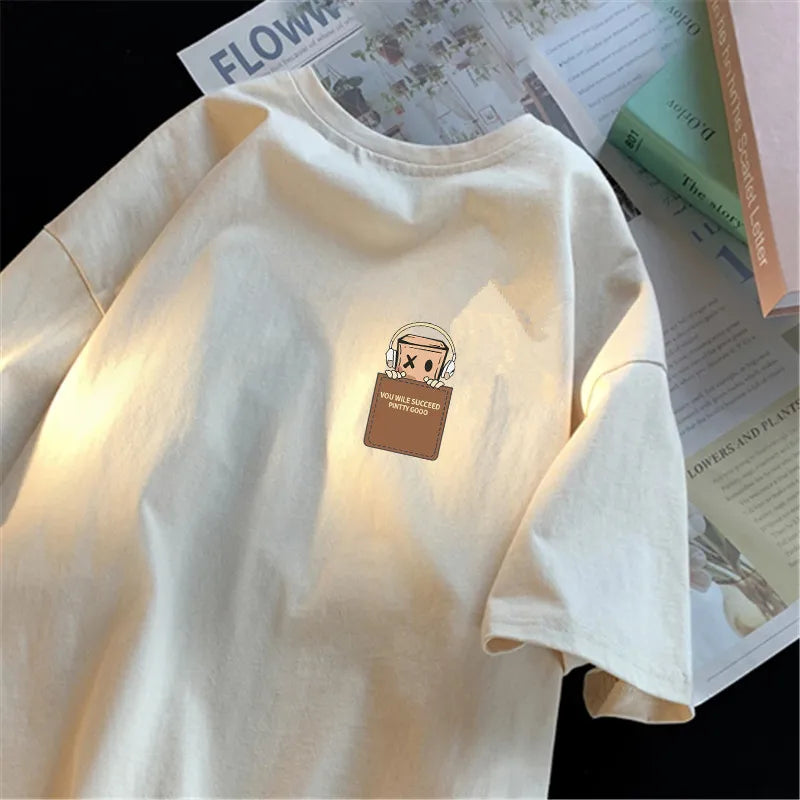 Camiseta masculina de algodão com estampa simples, estilo vintage americano, modelagem ampla, manga curta, gola redonda, unissex.