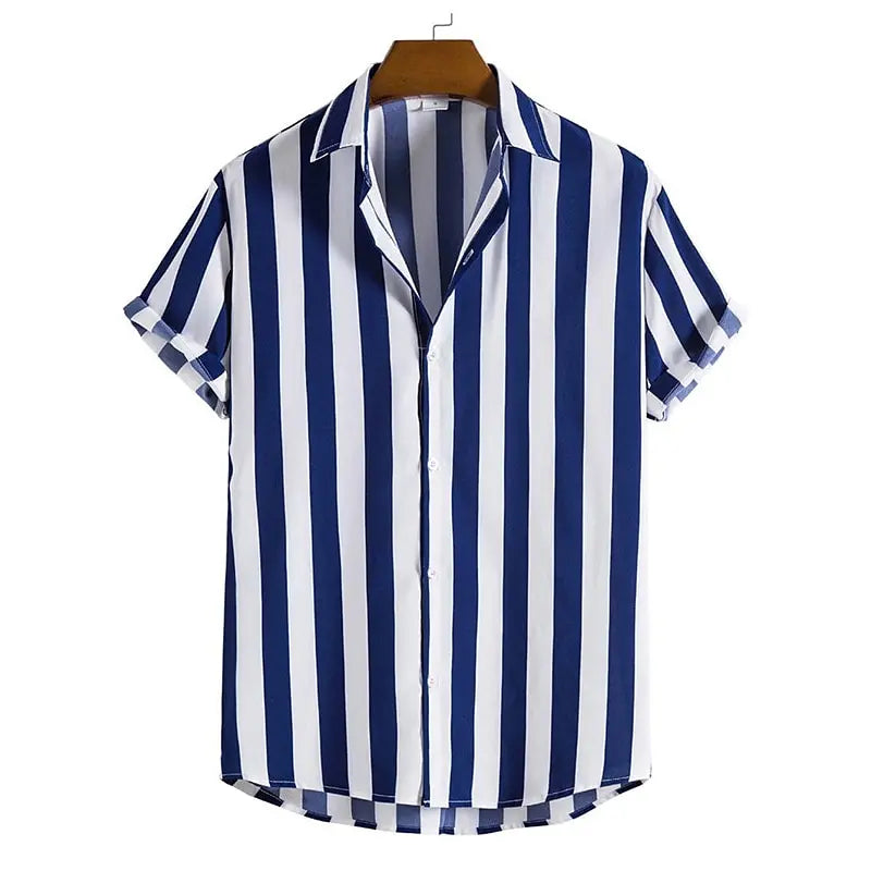 Listrado simples camisa masculina casual solto lapela cardigan topo tamanho grande camisa de manga curta masculina high-end confortável e simples