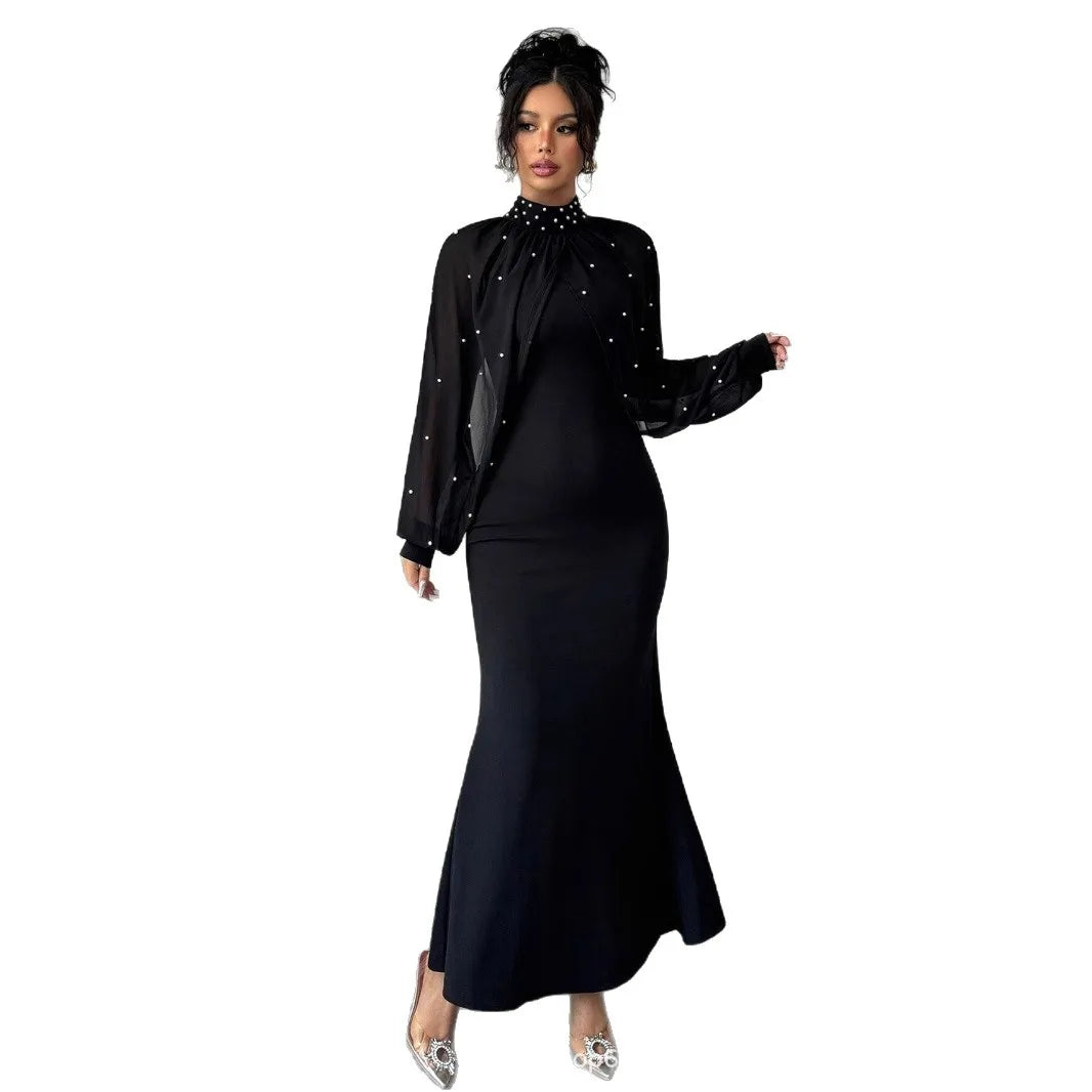 Vestido com Detalhes em Renda para Mulheres, Cintura Alta, Cor Sólida, Vestidos Longos Elegantes para Mulheres