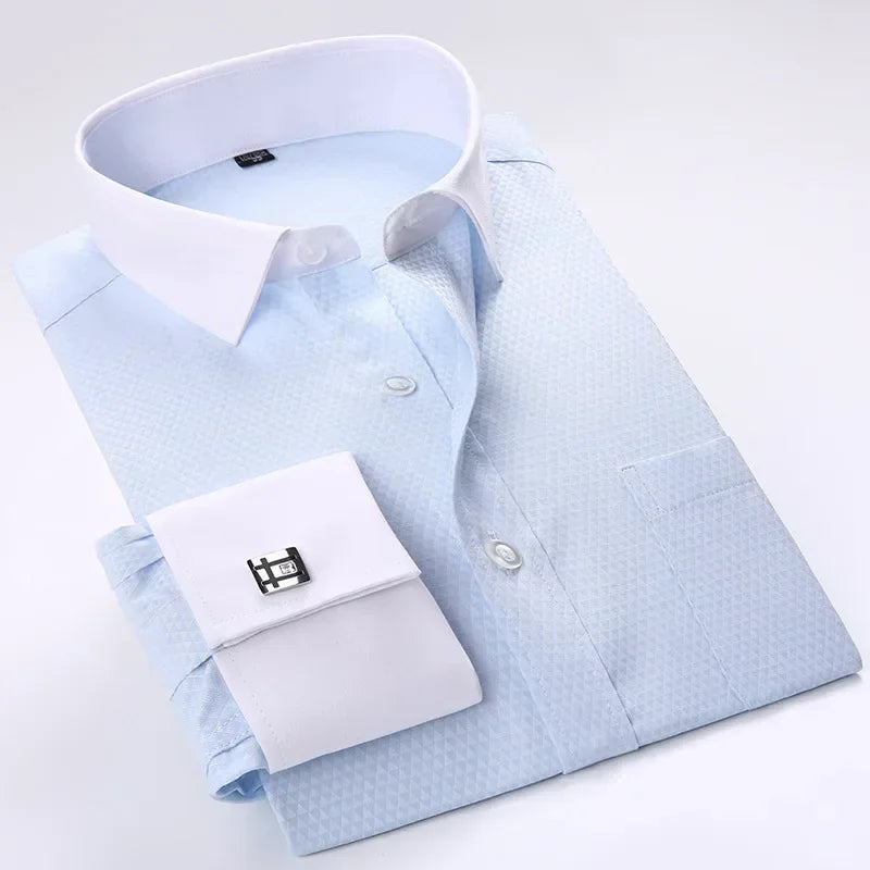 Quality French Cufflinks Shirt Men's Long Sleeve Tuxedo Male Brand Slim Fit White Button Cuff Social Men Dress Shirts
