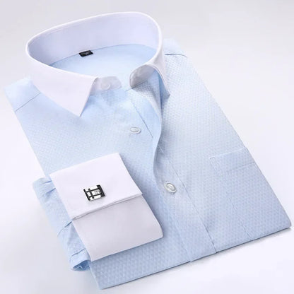 Quality French Cufflinks Shirt Men's Long Sleeve Tuxedo Male Brand Slim Fit White Button Cuff Social Men Dress Shirts