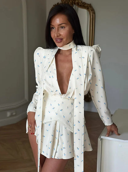 Vestido Feminino Elegante Estampado de Manga Longa com Decote em V e Faixa na Cintura, Vestido Mini Chique para Férias de Verão 2026