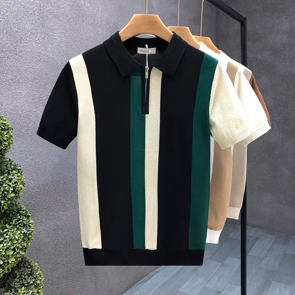 Meia zip estilo ocidental seda gelo fino suéter de manga curta para homens verão legal malha camiseta para homens camisa polo de alta qualidade