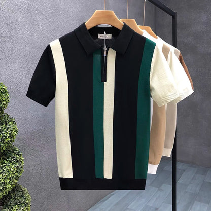 Meia zip estilo ocidental seda gelo fino suéter de manga curta para homens verão legal malha camiseta para homens camisa polo de alta qualidade
