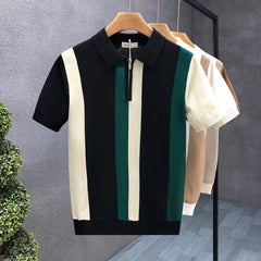 Meia zip estilo ocidental seda gelo fino suéter de manga curta para homens verão legal malha camiseta para homens camisa polo de alta qualidade