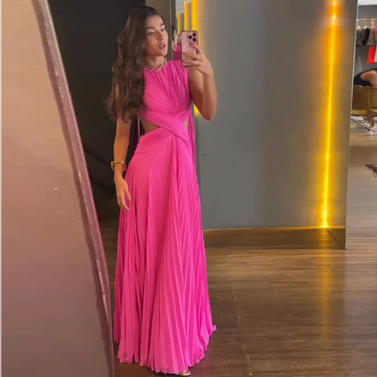 Vestido Longo Feminino Sem Costas com Cintura Cruzada, Sem Mangas, Modelo Evasê Franzido, Vestido de Noite Elegante para Festa, Novo 2026