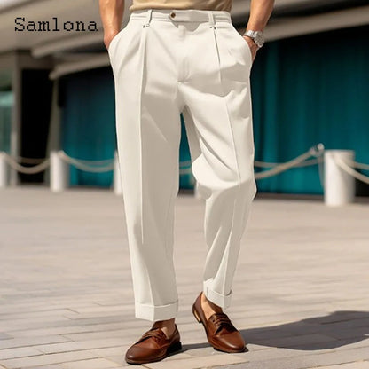 2023 masculino suporte bolso elegante calças de perna larga sólido branco festa de casamento calças plus size moda masculina botões até terno calças