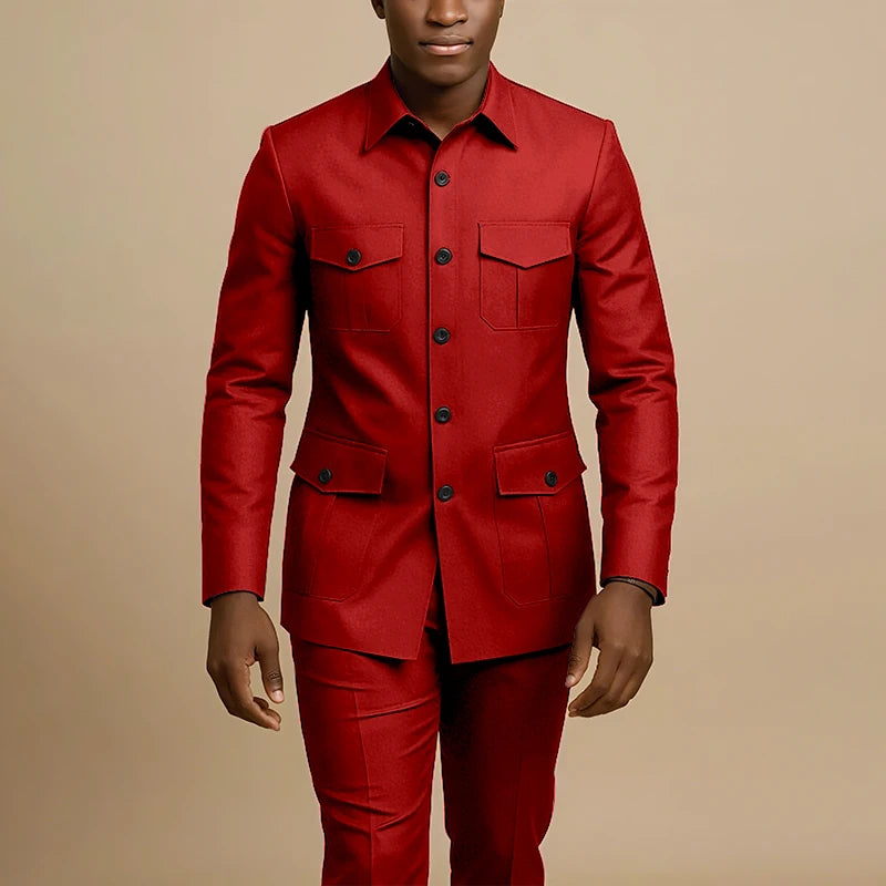 Terno Masculino Marrom de Quatro Bolsos com Lapela Pontiaguda, Casual de Negócios, Formal, Slim Fit, Conjunto de 2 Peças (Jaqueta e Calça)