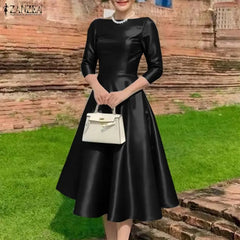 Vestidos Midi Elegantes de Cetim Preto ZANZEA para Mulheres, Decote Canoa, Manga 3/4, Vestido A-Line para Convidadas de Casamento