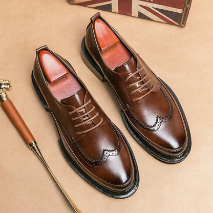 Sapatos de Couro Brogue Masculinos para Negócios, Formais, com Cadarço, Oxford, Solado Grosso, Confortáveis para Casamento e Escritório