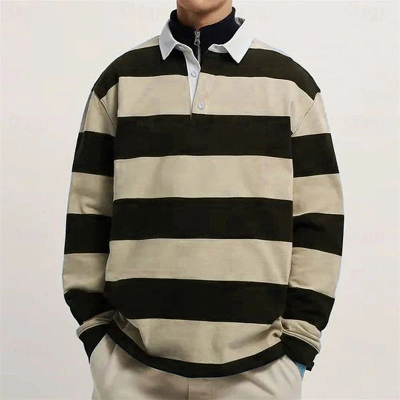 Simple Fashion Striped Polo Shirts For Men Casual Autumn Long Sleeve 3D Printed Golf Polo Shirt Loose Comfortable Lapel Tops