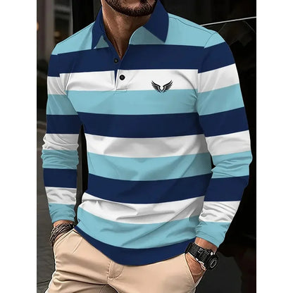 Classic minimalist striped long-sleeved men's polo shirt, fashionable autumn and winter men's casual golf oversized sportswear