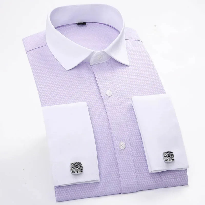 Qualidade frança abotoaduras homens vestido camisas botão turndown colarinho respirável fino ajuste festa de casamento smoking camisas hombre