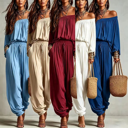 Conjunto Elegante de Duas Peças com Blusa de Manga Longa Off Shoulder e Calças Jogger com Cordão para Mulheres