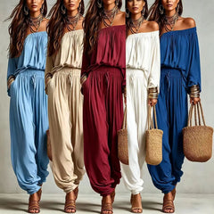 Conjunto Elegante de Duas Peças com Blusa de Manga Longa Off Shoulder e Calças Jogger com Cordão para Mulheres