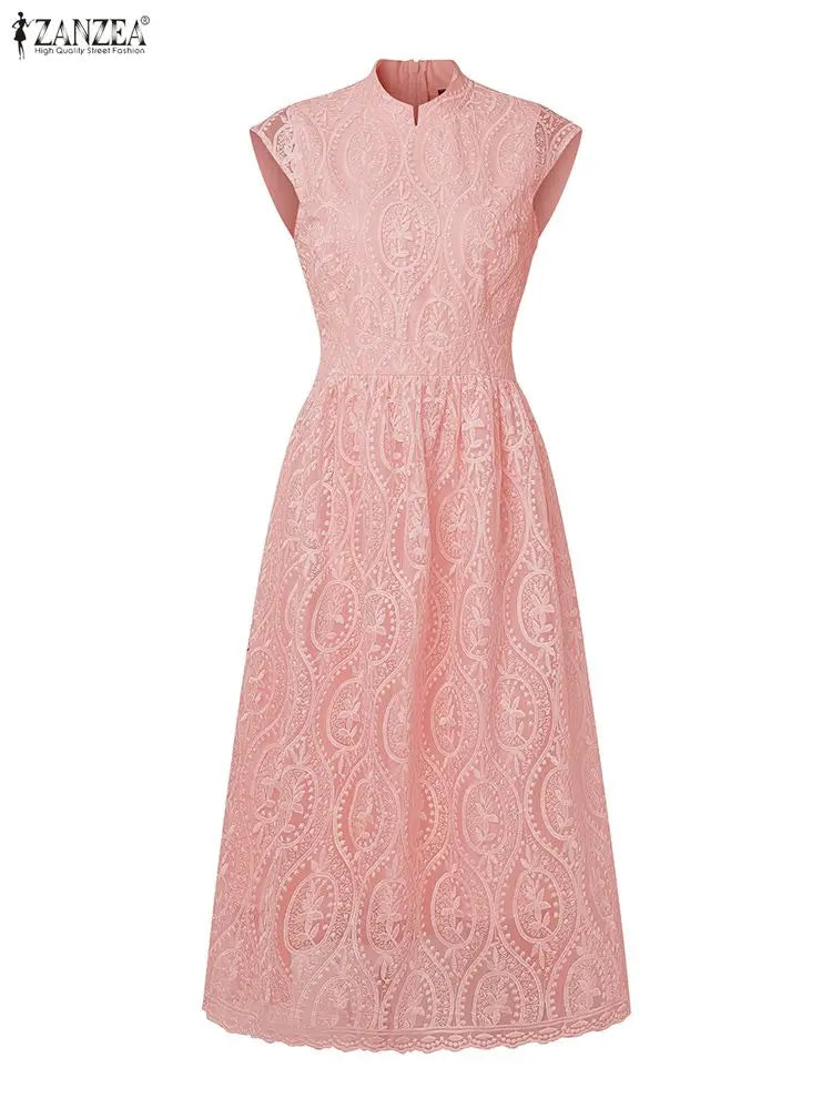 Vestido midi elegante ZANZEA para convidadas de casamento, com bordados em tule e patchwork, gola alta e mangas curtas.