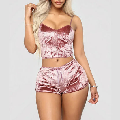 Conjunto de pijama de veludo sem mangas feminino, roupa interior confortável com decote em v, blusa e shorts, poliéster Homewear, 2 peças por conjunto