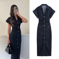 Etj primavera nova série 1975 denim midi vestido com lapela zíper lateral moda rugas cintura magro vestido elegante