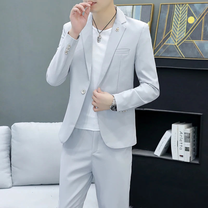 Slim Fit Two-Piece Suit Casual Business Style Solid Color Autumn  Dress Suit with Trousers Included Stylish Men's Costume