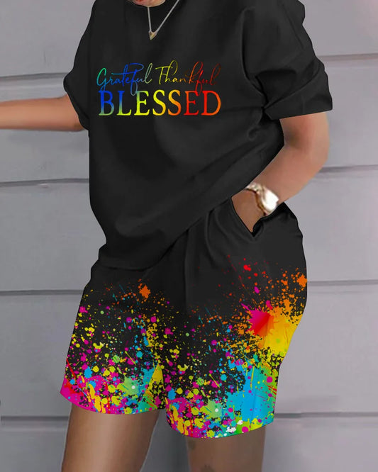 Conjunto de 2 peças de manga curta para mulheres, roupa casual, terno de bolso com estampa gradiente, camiseta feminina e shorts, verão, 2022