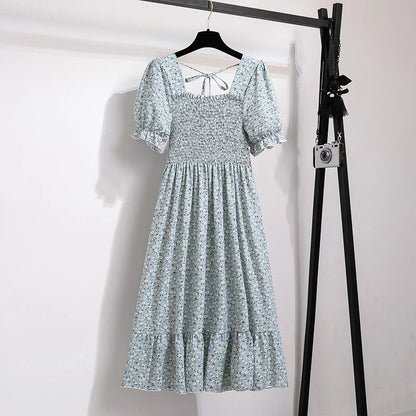 Verão plissado mulheres vestidos de chiffon casual praia férias manga curta gola quadrada mulher midi vestido boêmio mujer vestidos